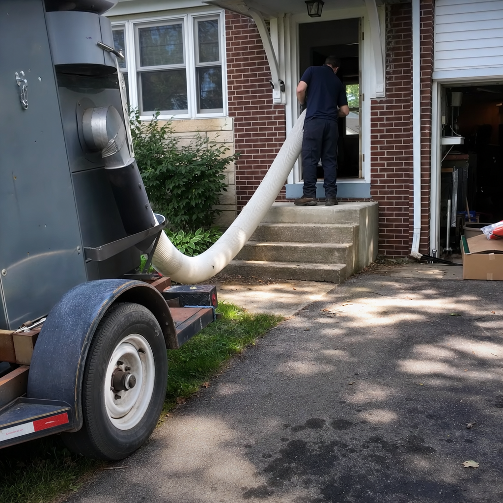 Professional technician performing residential air duct cleaning service with industrial equipment