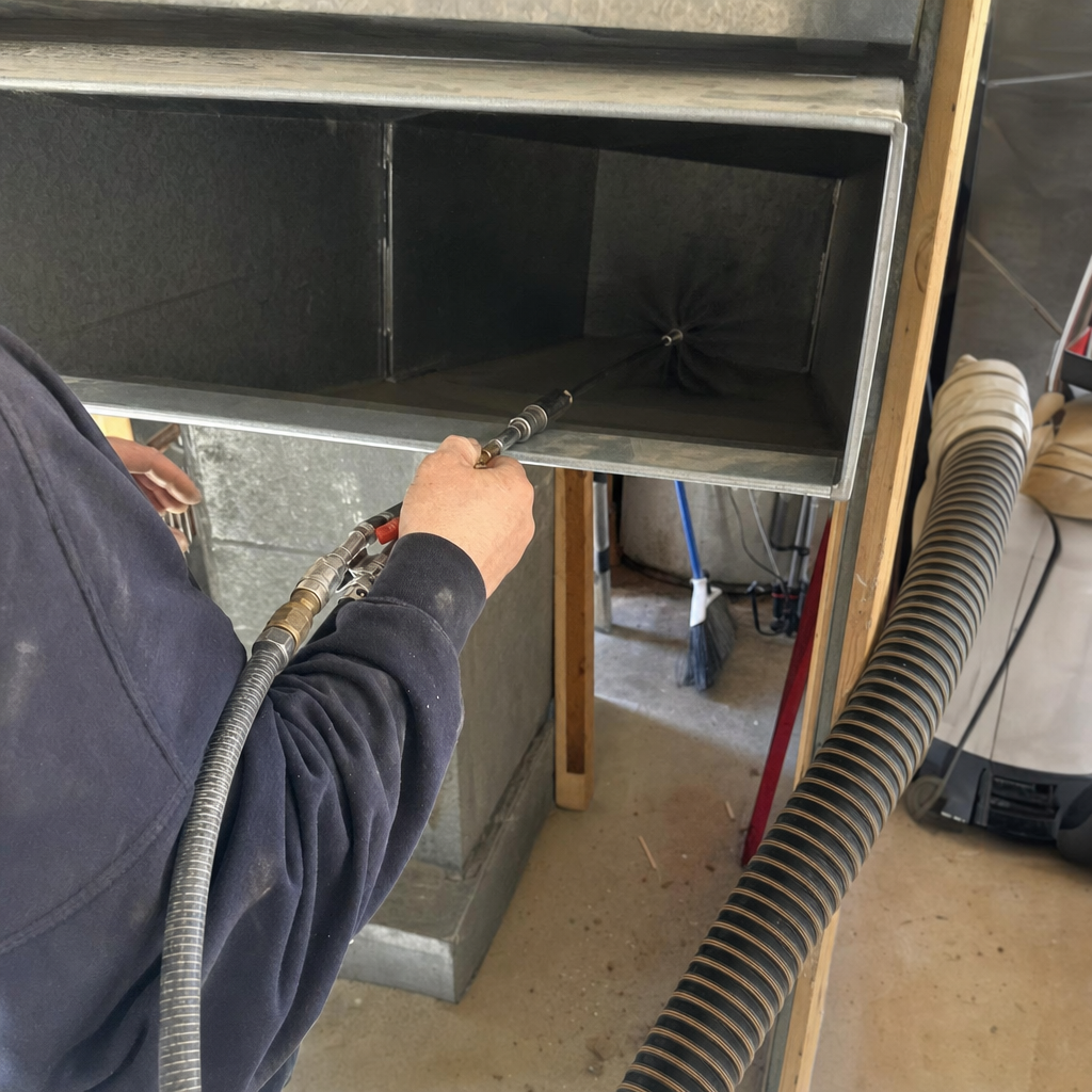 Professional technician performing air duct cleaning with specialized equipment