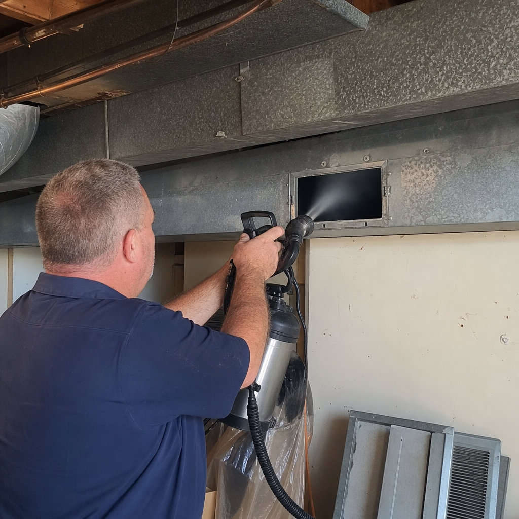 Technician performing professional HVAC air duct sanitizing and cleaning service. in Youngstown, OH