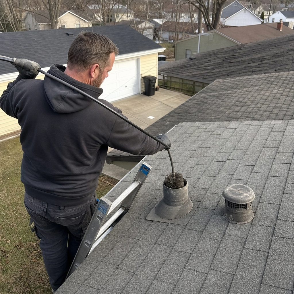Technician performing professional dryer vent cleaning from a rooftop in Youngstown, OH