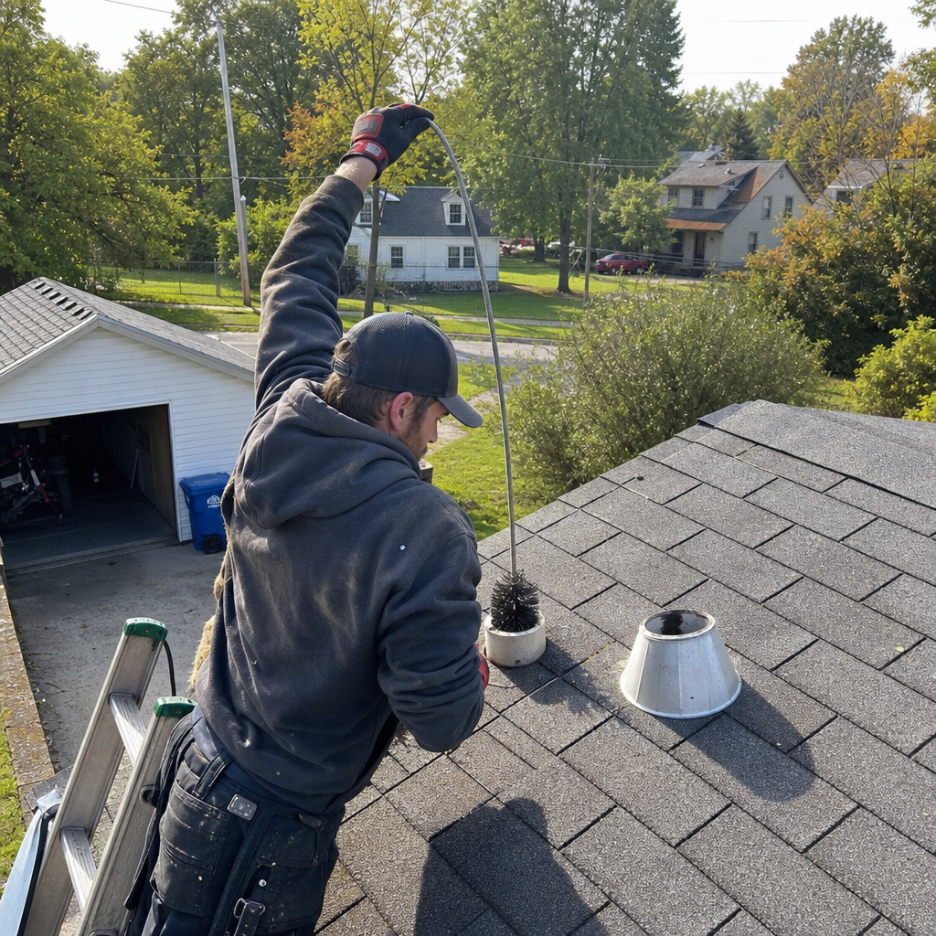 Technician performing professional residential dryer vent cleaning from a roof