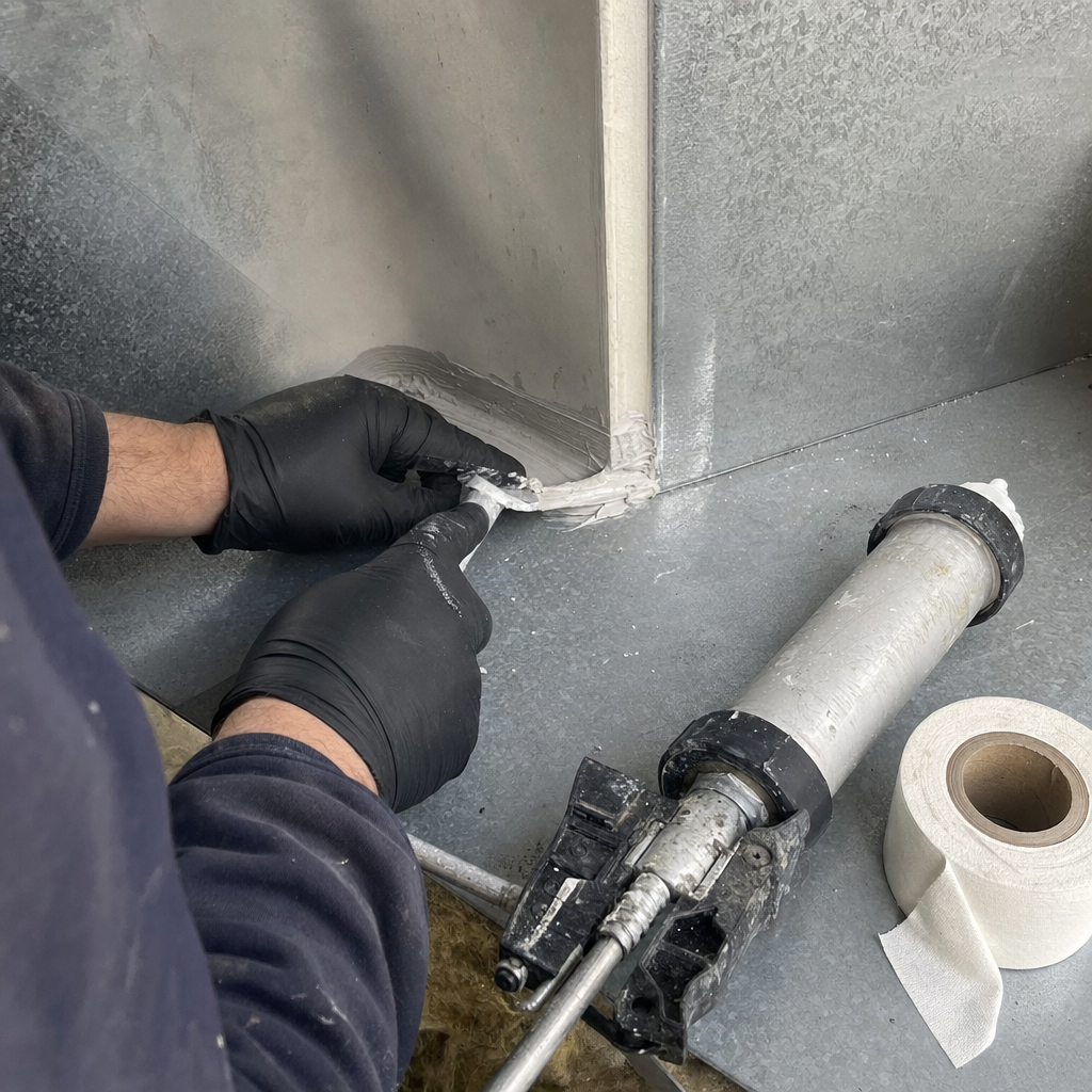 Technician using professional sealant to repair and seal metal air ducts in Sharon, OH