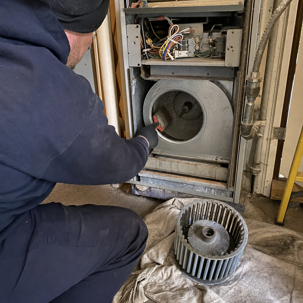 Technician performing professional residential HVAC furnace and blower housing cleaning service