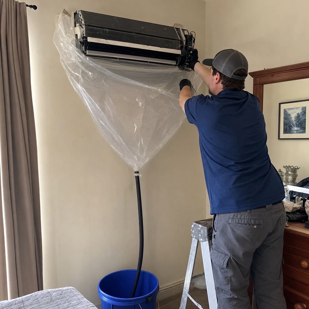Technician performing professional wall-mounted air conditioner cleaning service