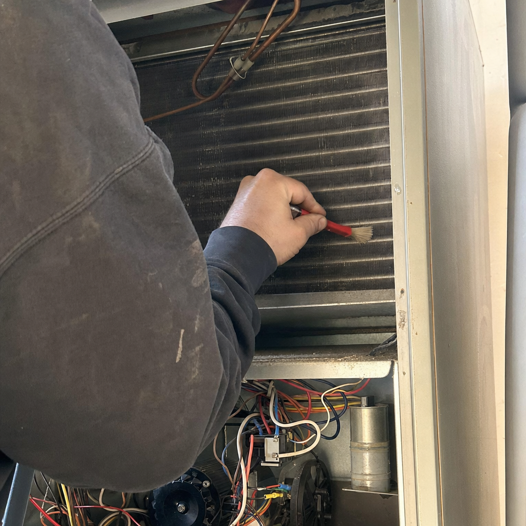 HVAC technician cleaning dusty air conditioner coils with a brush